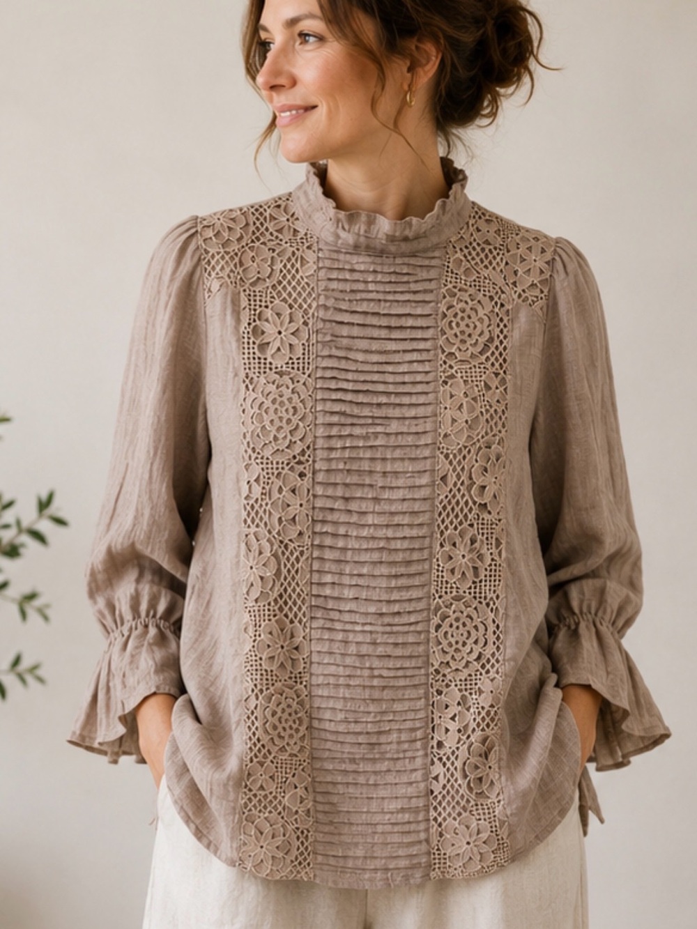 Romantic Cottagecore Lace Pintuck Blouse Taupe Prairie Ruffle Sleeve Top S